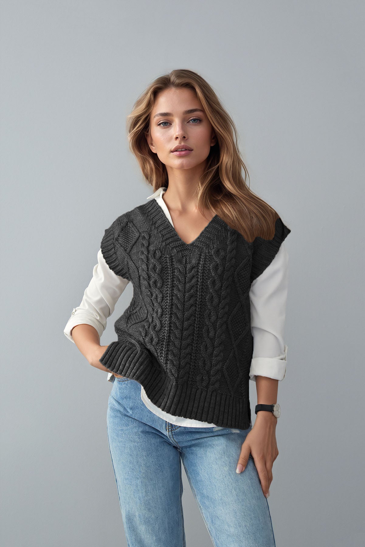 Stylish Cable-Knit Ribbed V-Neck Sweater Vest