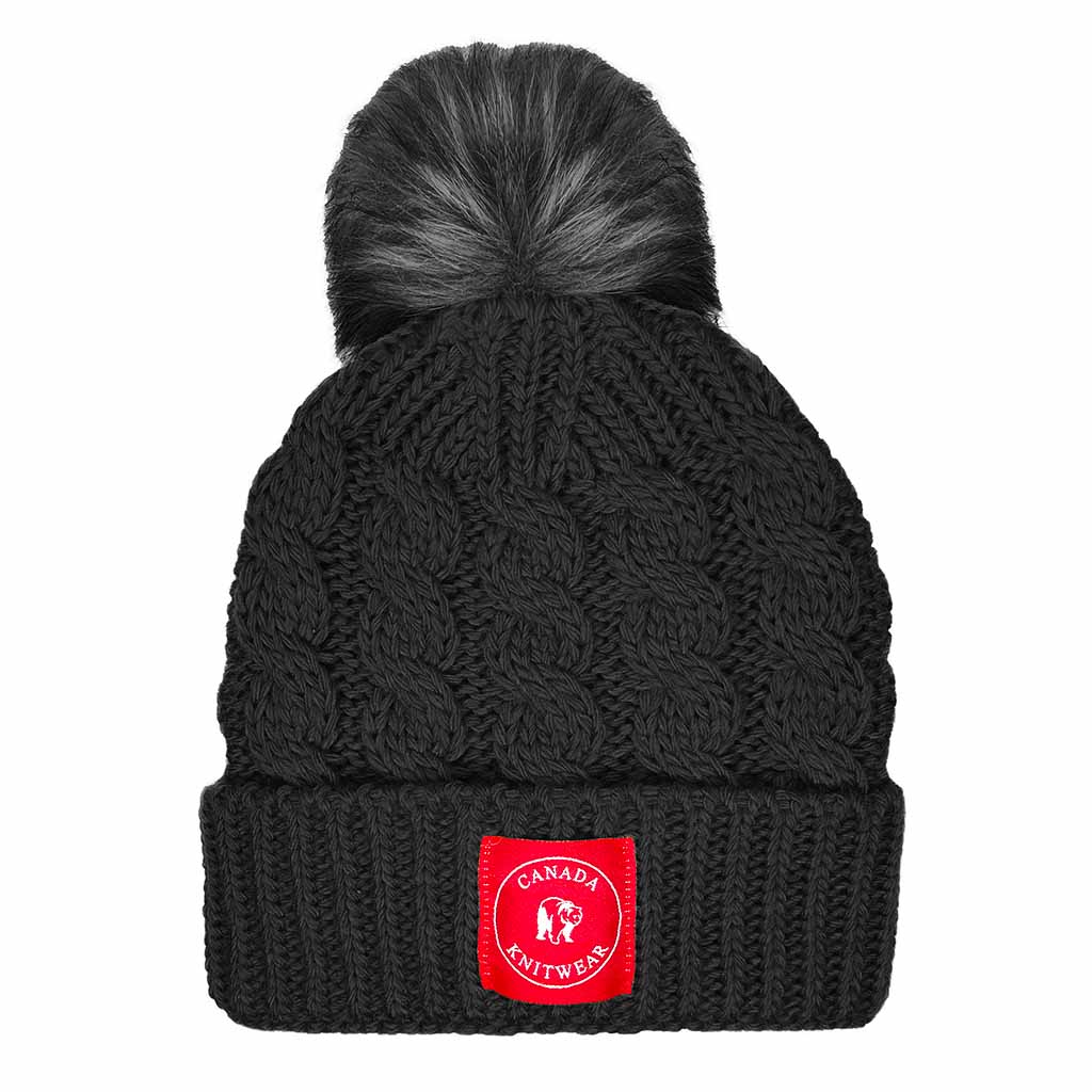 Cable Knit Toque With Faux Fur Pompom