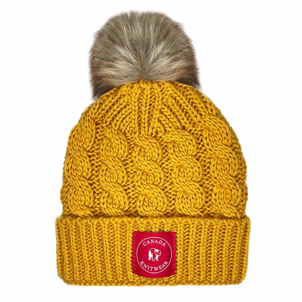 Cable Knit Toque With Faux Fur Pompom