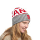 Person wearing a gray and red knit beanie with 'Canada' on a white background