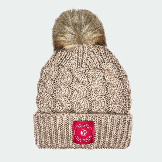 Cable Knit Toque With Faux Fur Pompom