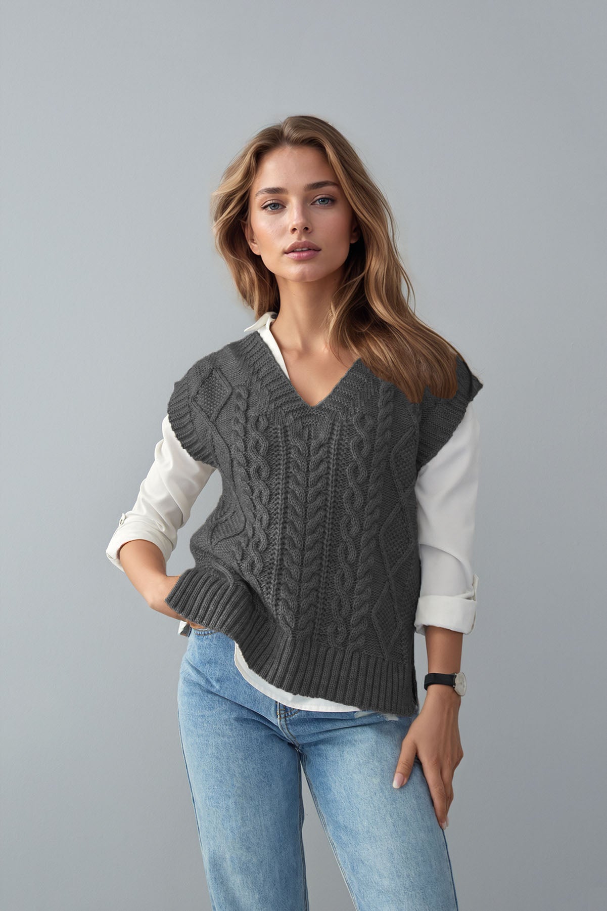 Cable Kit Sleeveless Sweater Plain Oversized Sweater Vest for