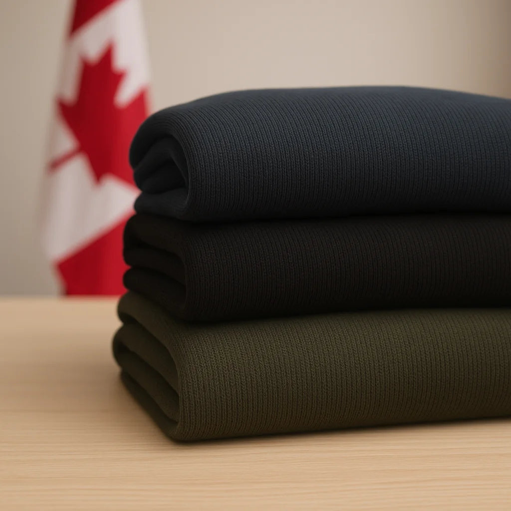 Stack of folded military-style sweaters in dark tones on a wooden surface, with a blurred Canadian flag in the background.