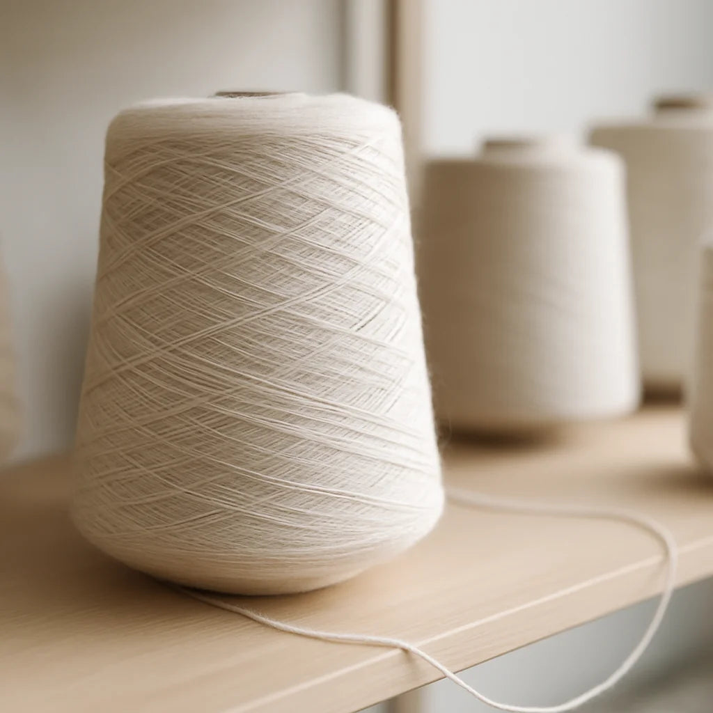 Close-up of natural undyed yarn cones on a wooden shelf, showcasing premium materials used in Canadian-made knitwear.