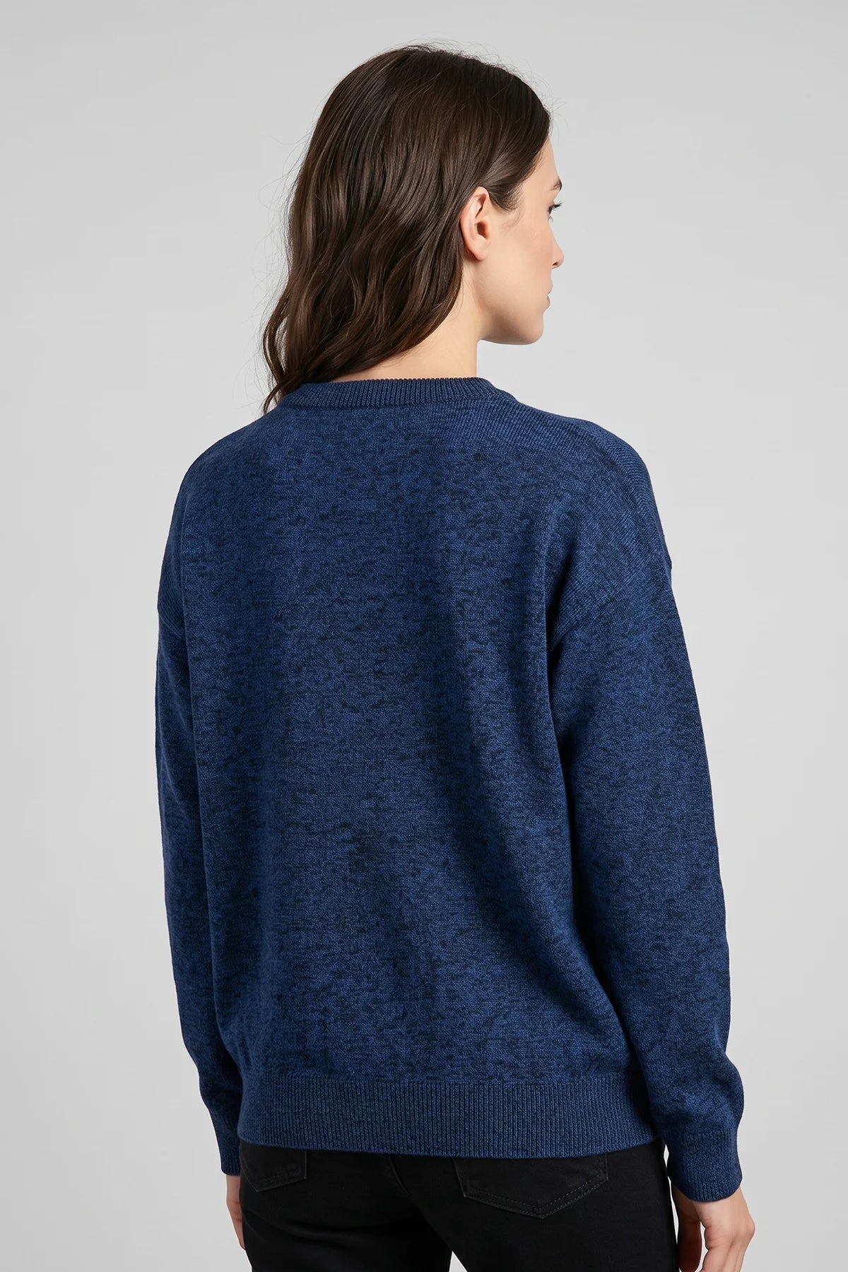 Back view of blue Maple Brew Sweater with clean minimalist knit design.