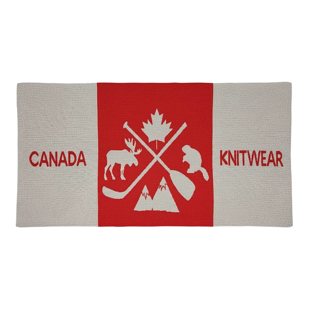 Canada Knitwear throw blanket image with maple leaf moose and other Canadian symbols