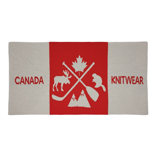 Canada Knitwear throw blanket image with maple leaf moose and other Canadian symbols