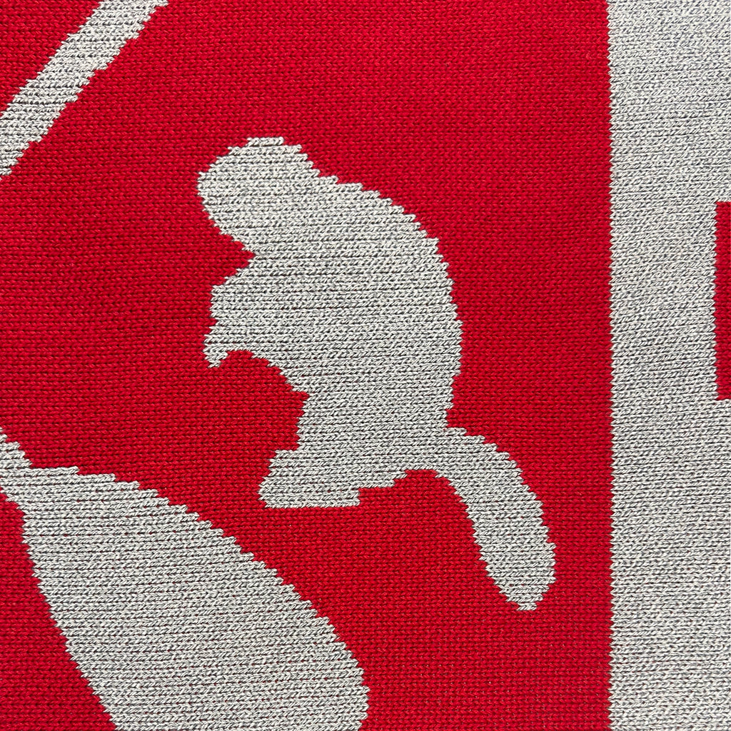 Close-up of a red and gray fabric pattern with abstract shapes