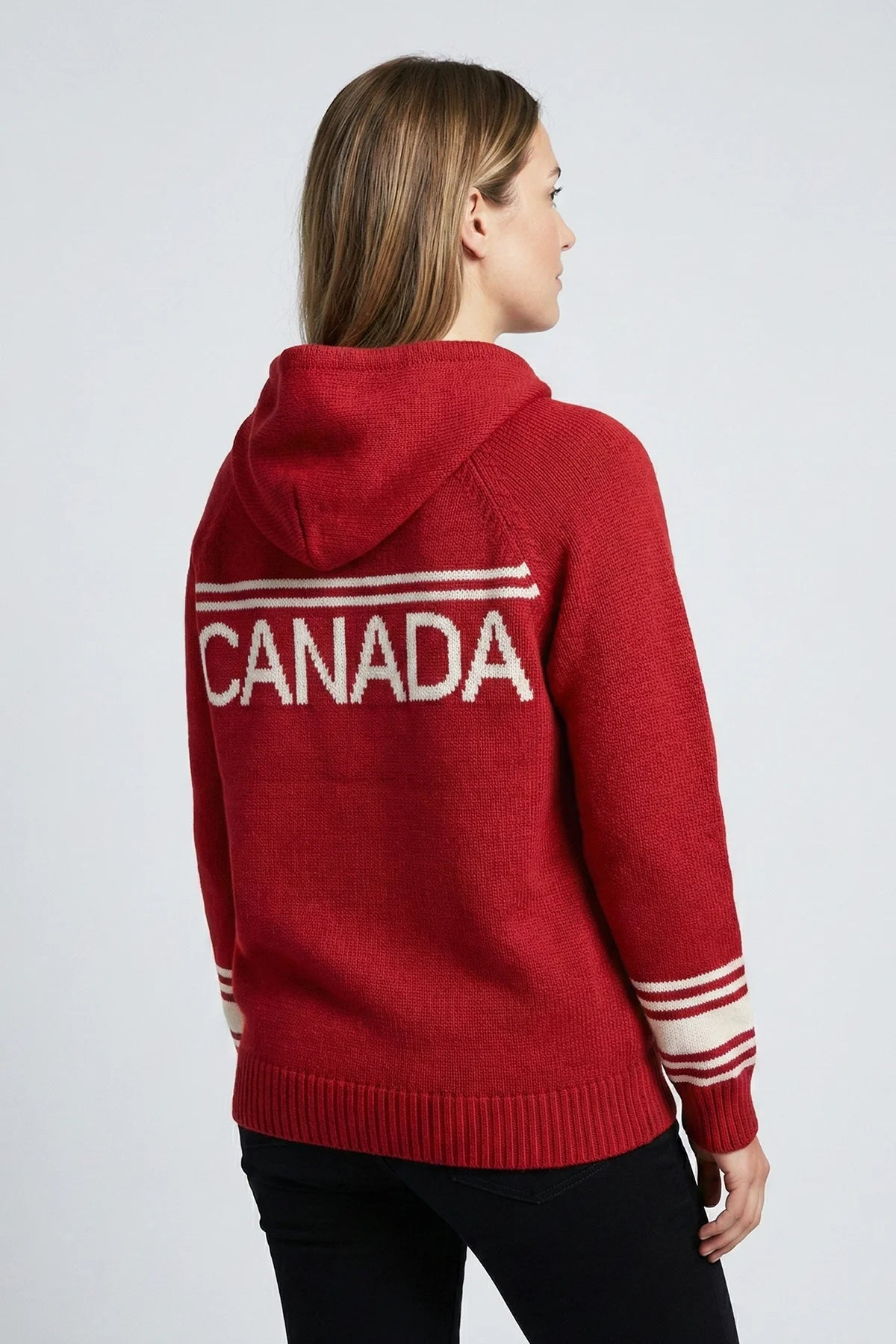 Red hoodie with 'Canada' printed on the back against a white background