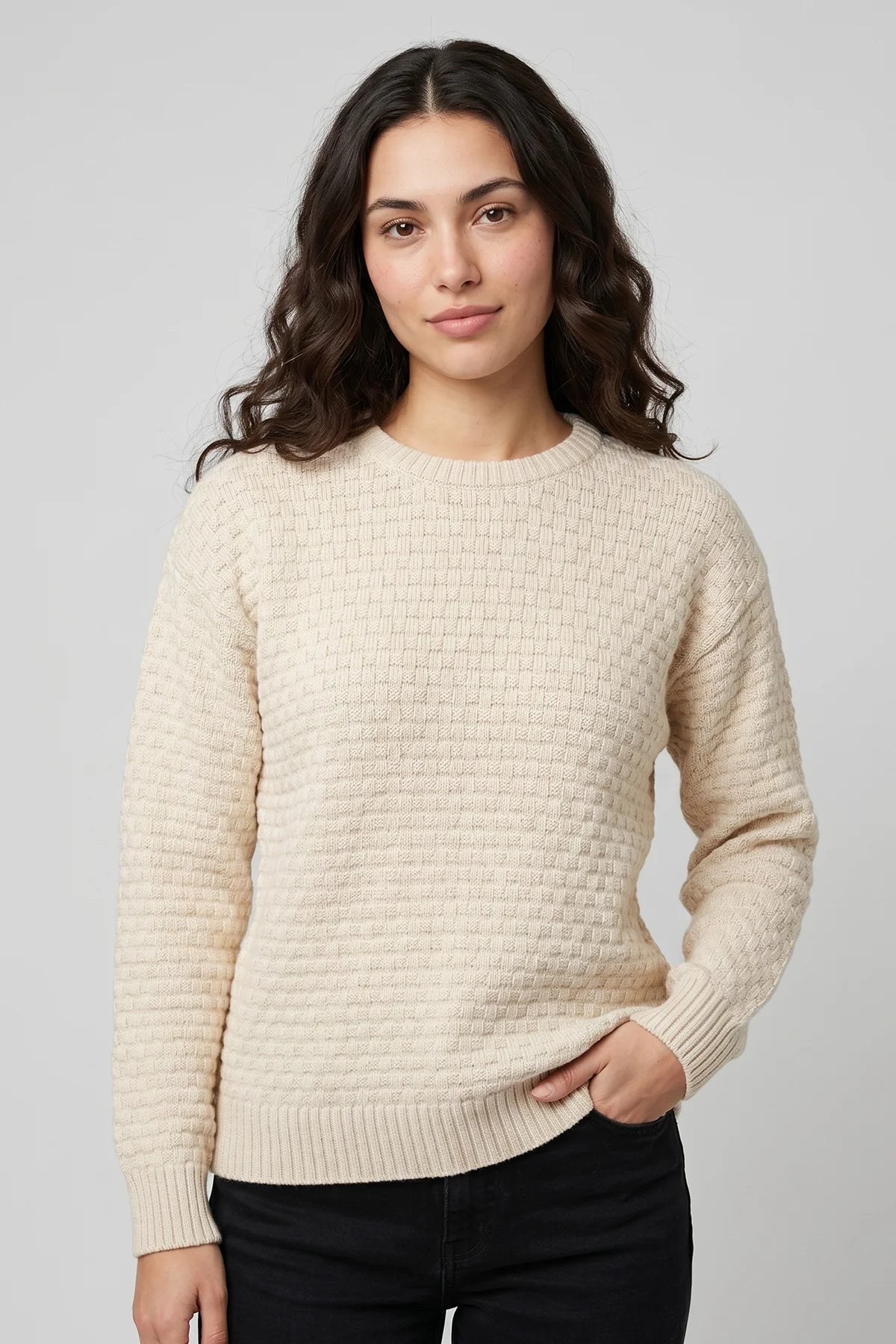 Women’s cream waffle knit sweater with textured cotton knit design and classic everyday fit, made in Canada.