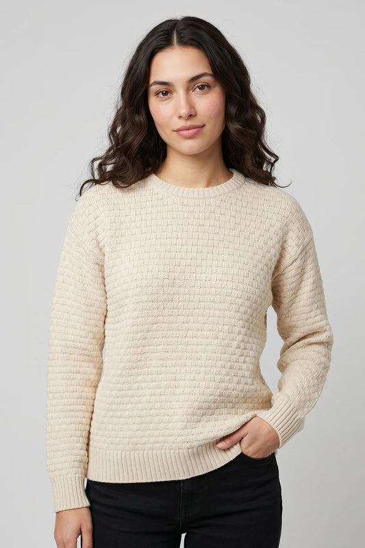 Women’s cream waffle knit sweater with textured cotton knit design and classic everyday fit, made in Canada.