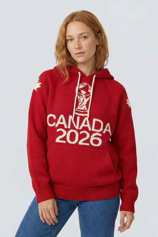 Person wearing a red 'Canada 2026' hoodie on a white background