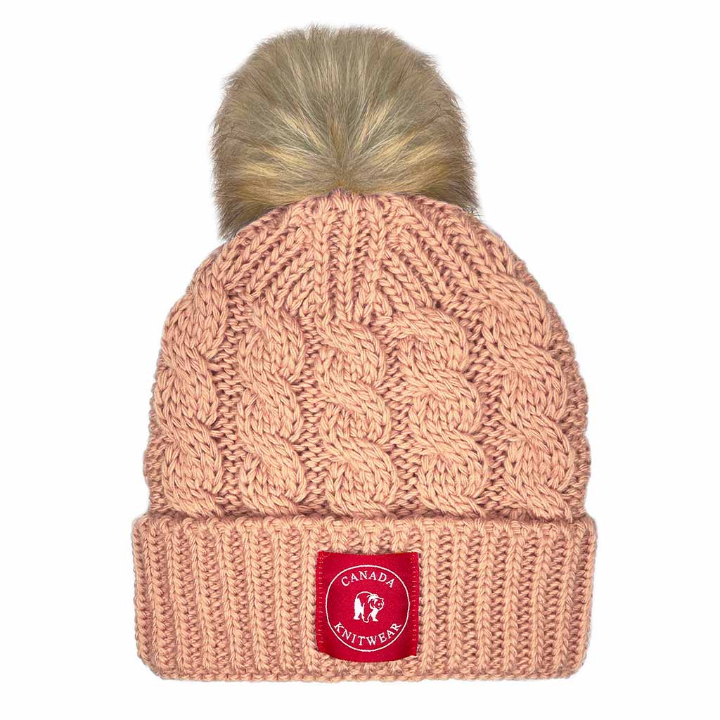 Cable Knit Toque With Faux Fur Pompom
